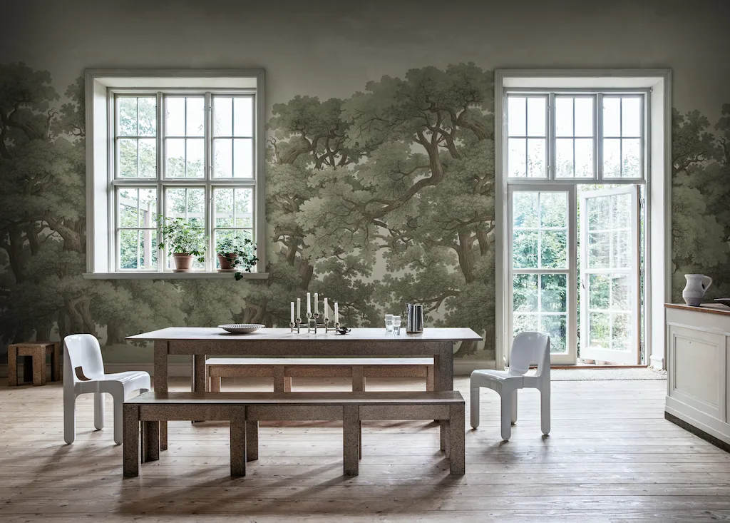 vintage-oaks-mural-wallpaper-by-rebel-walls-in-interior with windows-and-a-forest-view-image-by-rebel-walls-scaled