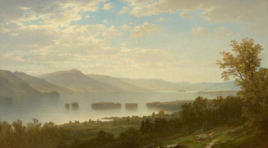 Various elements in a landscape scene - mountains, forest, water and clouds. Lake George, Image courtesy National Gallery of Art, Washington DC.