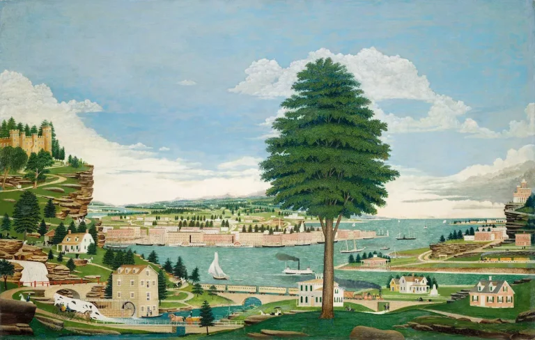 panoramic mural landscape composite harbor scene with castle courtesy National Gallery of Art, Washington DC.